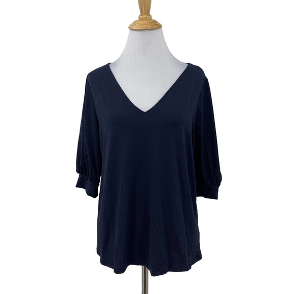 H&M Tops - H&M Blouse Womens S Small Navy Mid Puff Sleeve V Neck Relaxed Fit Pullover Shirt